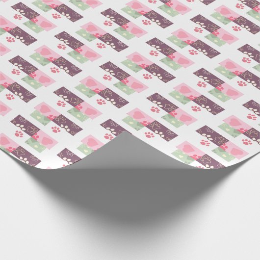 Roze groene Mauve Paw en Heart Design Cadeaupapier (Hoek)
