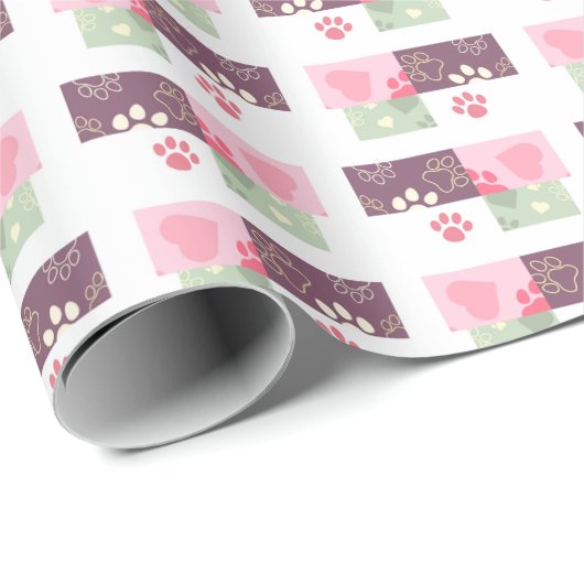 Roze groene Mauve Paw en Heart Design Cadeaupapier (Rol Hoek)