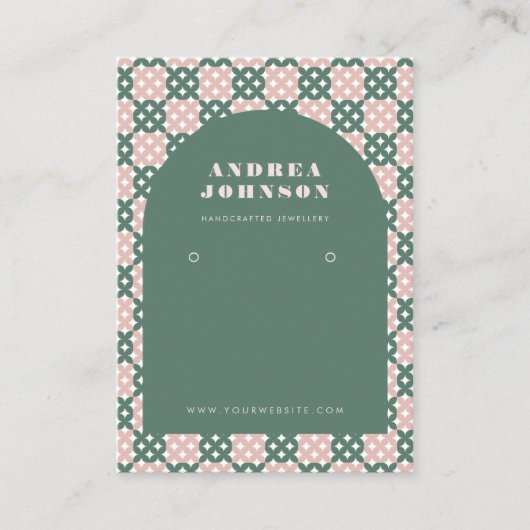 Roze Groene Mid Century Moderne Boog Oorbel Displa Visitekaartje (Voorkant)