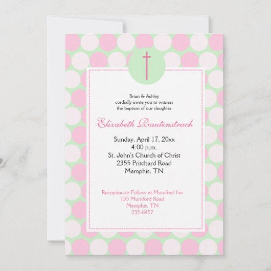 Roze / Groene Moderne Dot Baptisme Uitnodiging (Voorkant)
