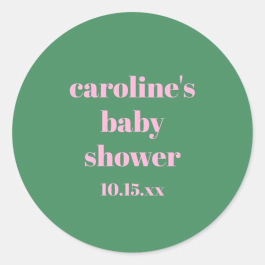 Roze groene moderne leuke aangepaste baby shower ronde sticker (Voorkant)