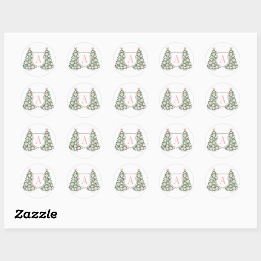 Roze Groene Monogram Kerstboom Envelope Zegel (Vel)