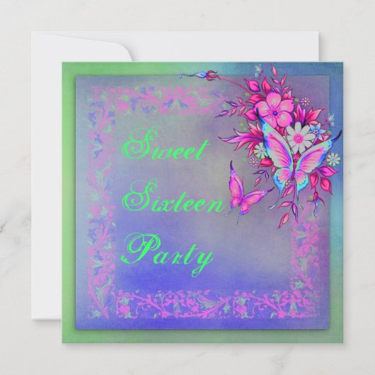 Roze Groene Neon Grunge Butterfly Sweet 16 Verjaar Kaart (Voorkant)