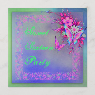 Roze Groene Neon Grunge Butterfly Sweet 16 Verjaar Kaart
