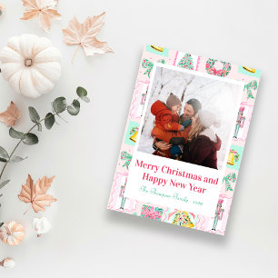 Roze & Groene Notenkraker Aangepaste Kerstfoto Feestdagenkaart