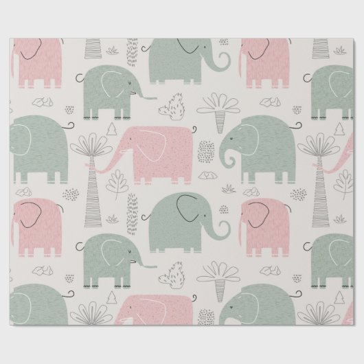 Roze groene olifanten Moderne Kinderen Cadeaupapier (Vlak)