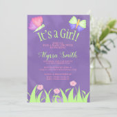 Roze groene Paarse Butterflies Baby Girl Shower Kaart (Staand voorkant)