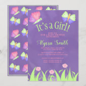 Roze groene Paarse Butterflies Baby Girl Shower Kaart (Voorkant / Achterkant)