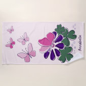 Roze Groene Paarse Doodle Bloeit Vlinders Naam Strandlaken (Voorkant)