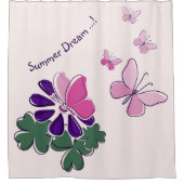 Roze Groene Paarse Doodle Bloeit Vlinders Slogan Douchegordijn (Voorkant)