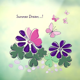Roze Groene Paarse Doodle Bloeit Vlinders Slogan Raamsticker
