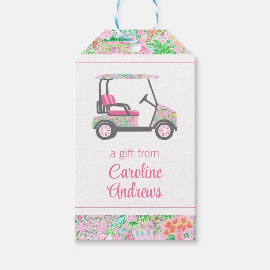 Roze & Groene Palm Beach Golf Winkelwagen Cadeaulabel (Voorkant)