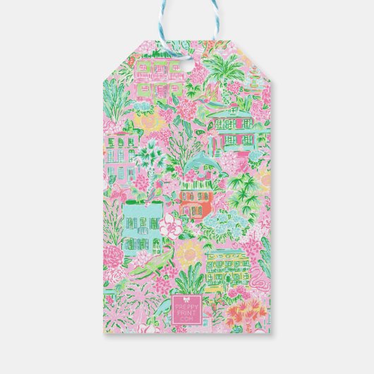 Roze & Groene Palm Beach Golf Winkelwagen Cadeaulabel (Achterkant)