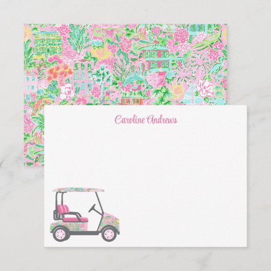 Roze & Groene Palm Beach Golf Winkelwagen Geperson Bedankkaart (Voorkant / Achterkant)