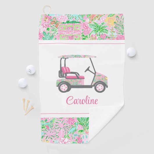 Roze & Groene Palm Beach Golf Winkelwagen Geperson Golfhanddoek (Insitu)
