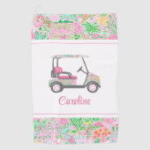 Roze & Groene Palm Beach Golf Winkelwagen Geperson Golfhanddoek (Voorkant)