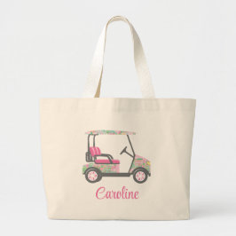 Roze & Groene Palm Beach Golf Winkelwagen Geperson Grote Tote Bag
