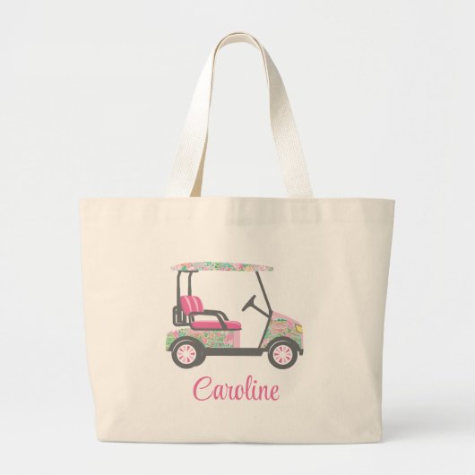 Roze & Groene Palm Beach Golf Winkelwagen Geperson Grote Tote Bag (Voorkant)