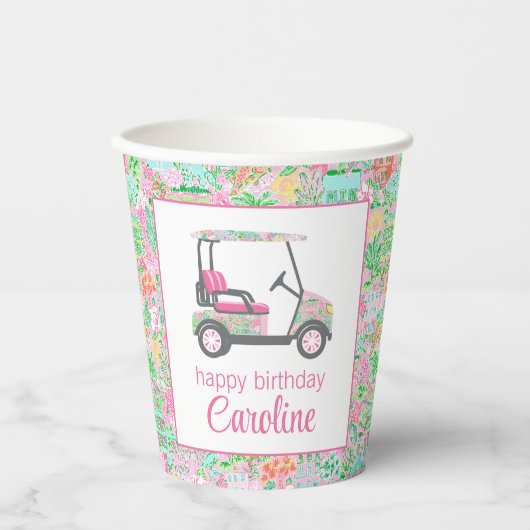Roze & Groene Palm Beach Golf Winkelwagen Geperson Papieren Bekers (Voorkant)