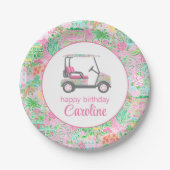 Roze & Groene Palm Beach Golf Winkelwagen Geperson Papieren Bordje (Voorkant)