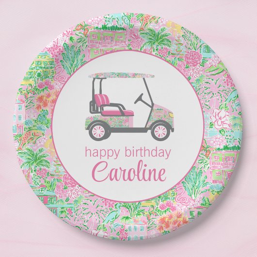 Roze & Groene Palm Beach Golf Winkelwagen Geperson Papieren Bordje