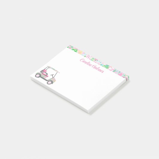 Roze & Groene Palm Beach Golf Winkelwagen Geperson Post-it® Notes (Schuin)