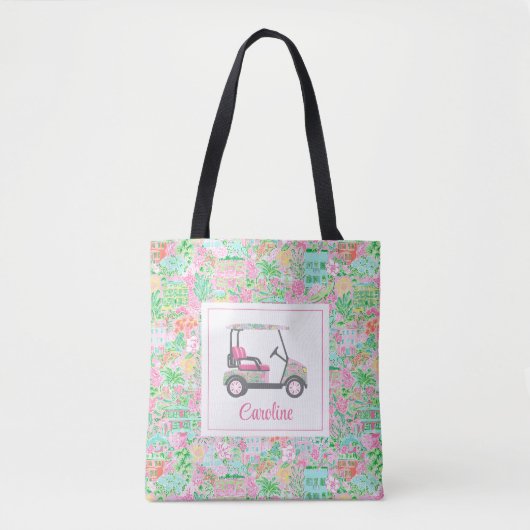 Roze & Groene Palm Beach Golf Winkelwagen Geperson Tote Bag (Voorkant)
