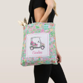 Roze & Groene Palm Beach Golf Winkelwagen Geperson Tote Bag (Dichtbij)