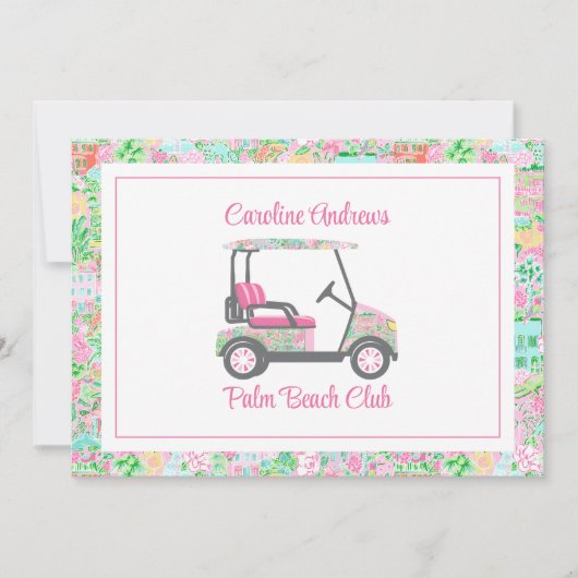 Roze & Groene Palm Beach Golfkar Gepersonaliseerd Bedankkaart (Voorkant)