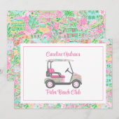 Roze & Groene Palm Beach Golfkar Gepersonaliseerd Bedankkaart (Voorkant / Achterkant)