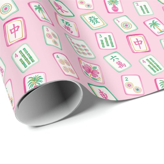 Roze & Groene Palm Beach Mahjong Tegels Cadeaupapier (Rol Hoek)