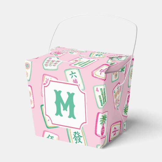 Roze & Groene Palm Beach Mahjong Tegels Monogram Bedankdoosjes (Voorkant Zijde)