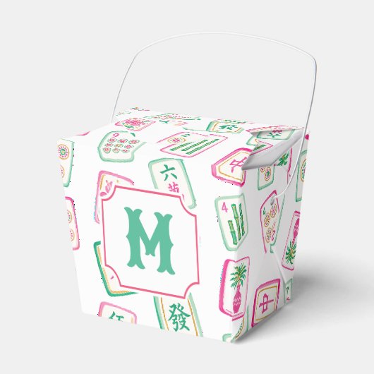 Roze & Groene Palm Beach Mahjong Tegels Monogram Bedankdoosjes (Voorkant Zijde)