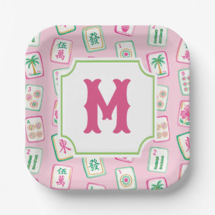 Roze & Groene Palm Beach Mahjong Tegels Monogram Papieren Bordje