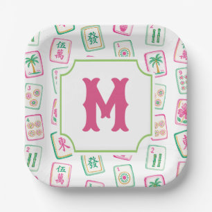 Roze & Groene Palm Beach Mahjong Tegels Monogram Papieren Bordje