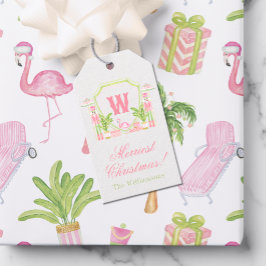 Roze & Groene Palm Beach Notenkraker Monogram Wape Cadeaulabel