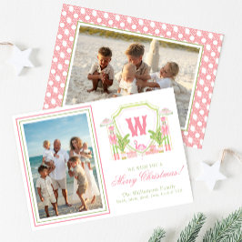 Roze & Groene Palm Beach Notenkraker Monogram Wape Feestdagenkaart