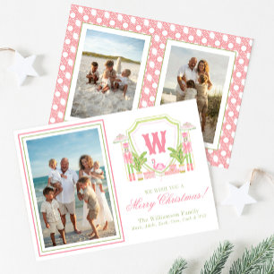 Roze & Groene Palm Beach Notenkraker Monogram Wape Feestdagenkaart