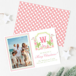 Roze & Groene Palm Beach Notenkraker Monogram Wape Feestdagenkaart