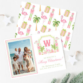 Roze & Groene Palm Beach Notenkraker Monogram Wape Feestdagenkaart