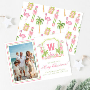 Roze & Groene Palm Beach Notenkraker Monogram Wape Feestdagenkaart