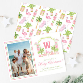 Roze & Groene Palm Beach Notenkraker Monogram Wape Feestdagenkaart