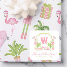 Roze & Groene Palm Beach Notenkraker Monogram Wape Vierkante Sticker