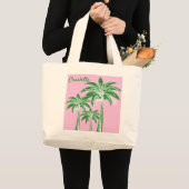 Roze Groene Palm Tree Preppy Beach Zomer Naam Grote Tote Bag (Voorkant (product))