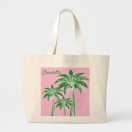 Roze Groene Palm Tree Preppy Beach Zomer Naam Grote Tote Bag