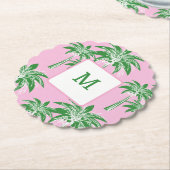 Roze Groene Palm Tree Preppy Zomer Douche Monogram Kartonnen Onderzetters (Gekanteld)