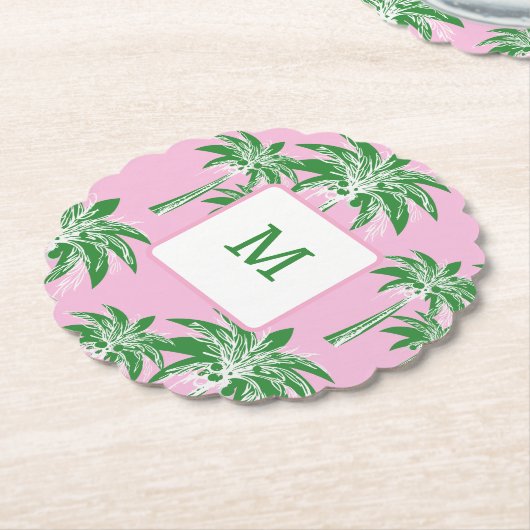Roze Groene Palm Tree Preppy Zomer Douche Monogram Kartonnen Onderzetters (Gekanteld)