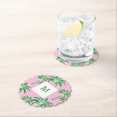 Roze Groene Palm Tree Preppy Zomer Douche Monogram Kartonnen Onderzetters (Insitu)