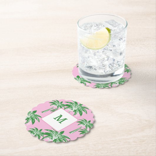 Roze Groene Palm Tree Preppy Zomer Douche Monogram Kartonnen Onderzetters (Insitu)