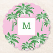 Roze Groene Palm Tree Preppy Zomer Douche Monogram Kartonnen Onderzetters (Voorkant)